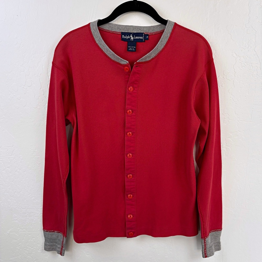 RARE Vintage 90s Ralph‎ Lauren Red Cotton Henley Cardigan S Grandpacore Heritage
